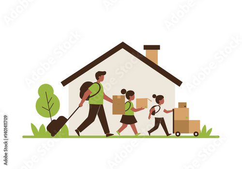 Multiethnic family moving into new home with packed boxes  