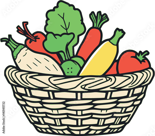 Outline vector illustration of a vegetable basket organic farming