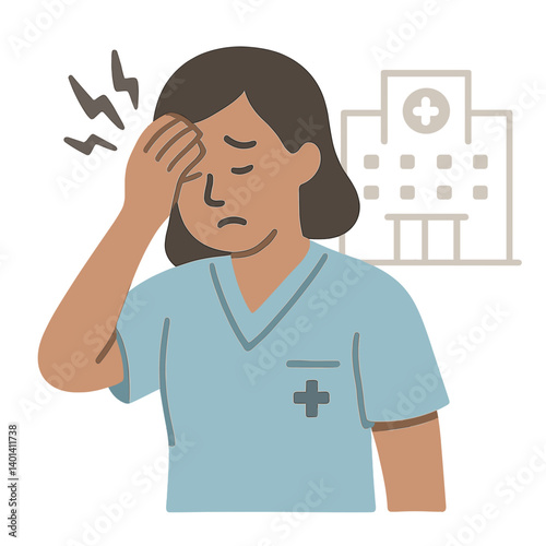 Nurse showing stress in front of hospital background  
