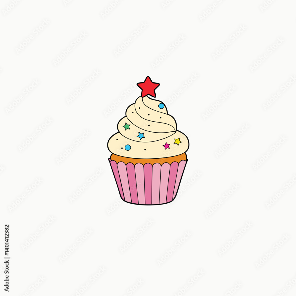 cupcake topped with cherry and colorful stars on creamy frosting on white background cupcake topped with cherry and colorful stars on creamy frosting on white background