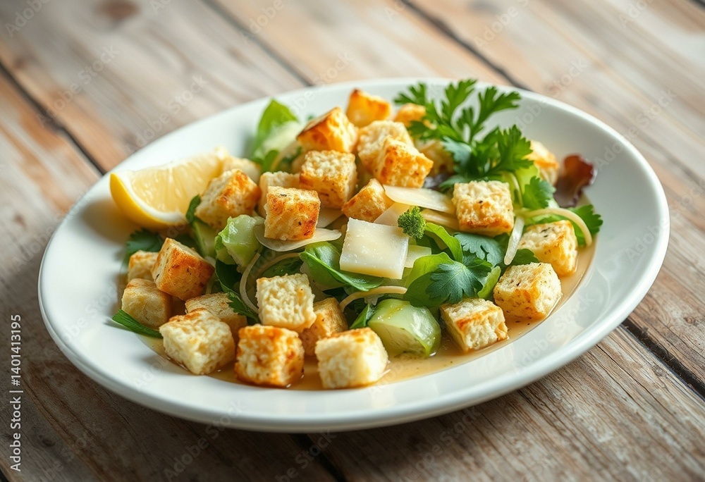 A delicious Caesar Salad with croutons and parmesan cheese on a white plate A delicious Caesar Salad with croutons and parmesan cheese on a white plate