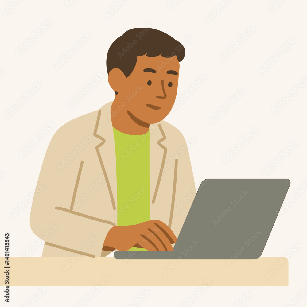 Busy doctor typing on a laptop against a light background Busy doctor typing on a laptop against a light background