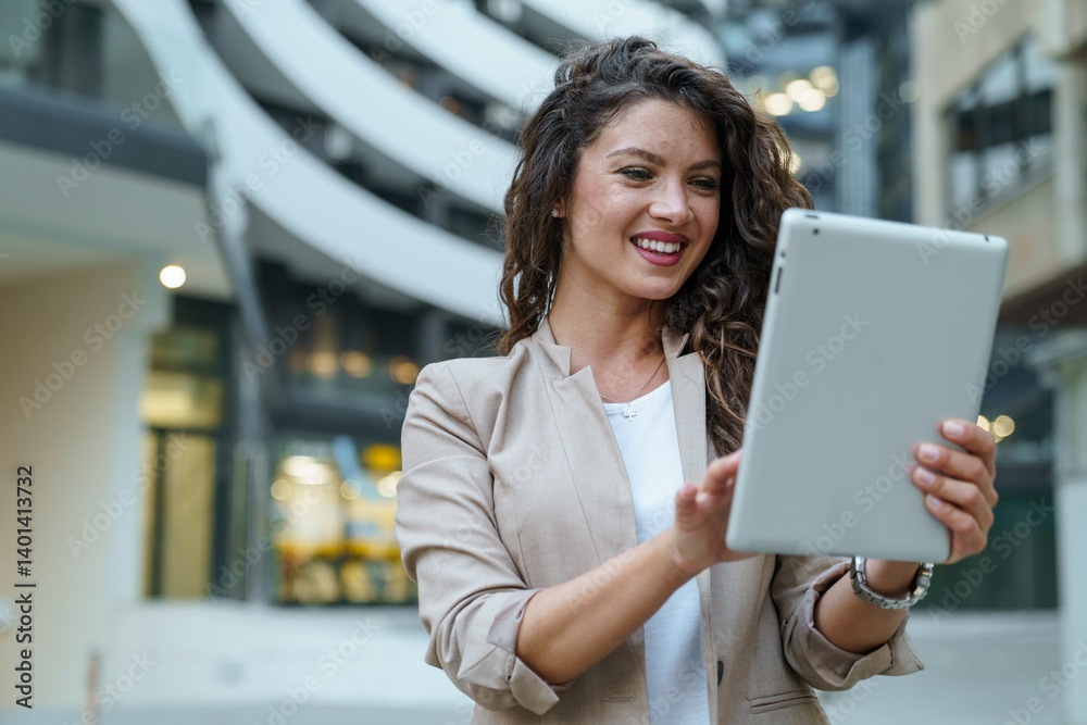 Professional Woman With Curly Hair Smiling While Working On Tablet Device In Contemporary Corporate Environment Professional Woman With Curly Hair Smiling While Working On Tablet Device In Contemporary Corporate Environment