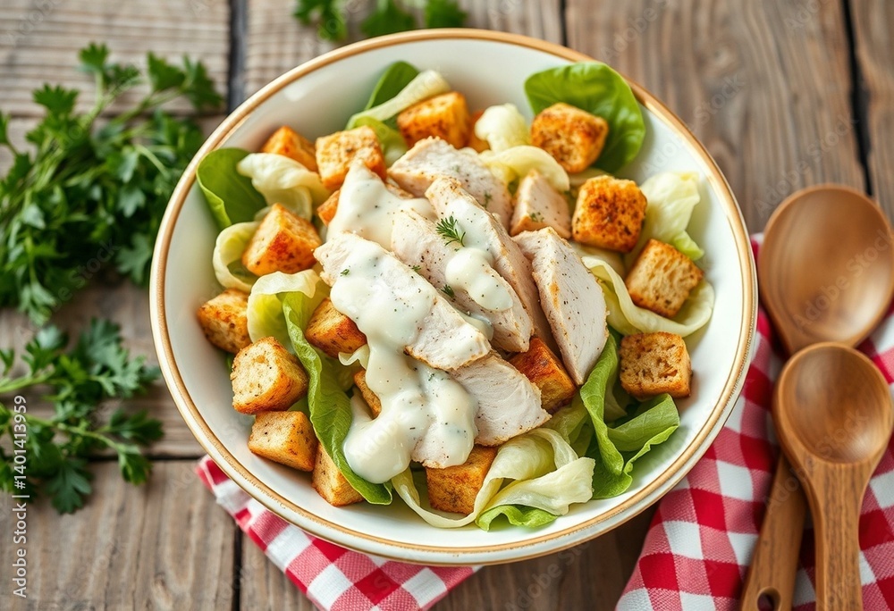 Fresh Caesar Salad with crispy romaine lettuce, juicy chicken, croutons, and creamy Caesar dressing Fresh Caesar Salad with crispy romaine lettuce, juicy chicken, croutons, and creamy Caesar dressing