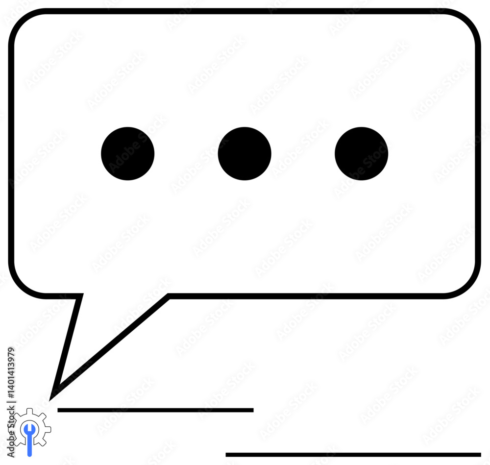 Speech bubble containing three dots, hinting at communication or waiting. Small gear in bottom corner representing automation or technology. Ideal for communication, messaging, automation Speech bubble containing three dots, hinting at communication or waiting. Small gear in bottom corner representing automation or technology. Ideal for communication, messaging, automation