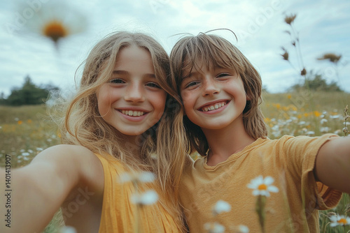 Happy Siblings Taking Selfie in Summer Flower Field