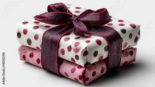 394. White gift box with pink polka dots and magenta ribbon on transparent background