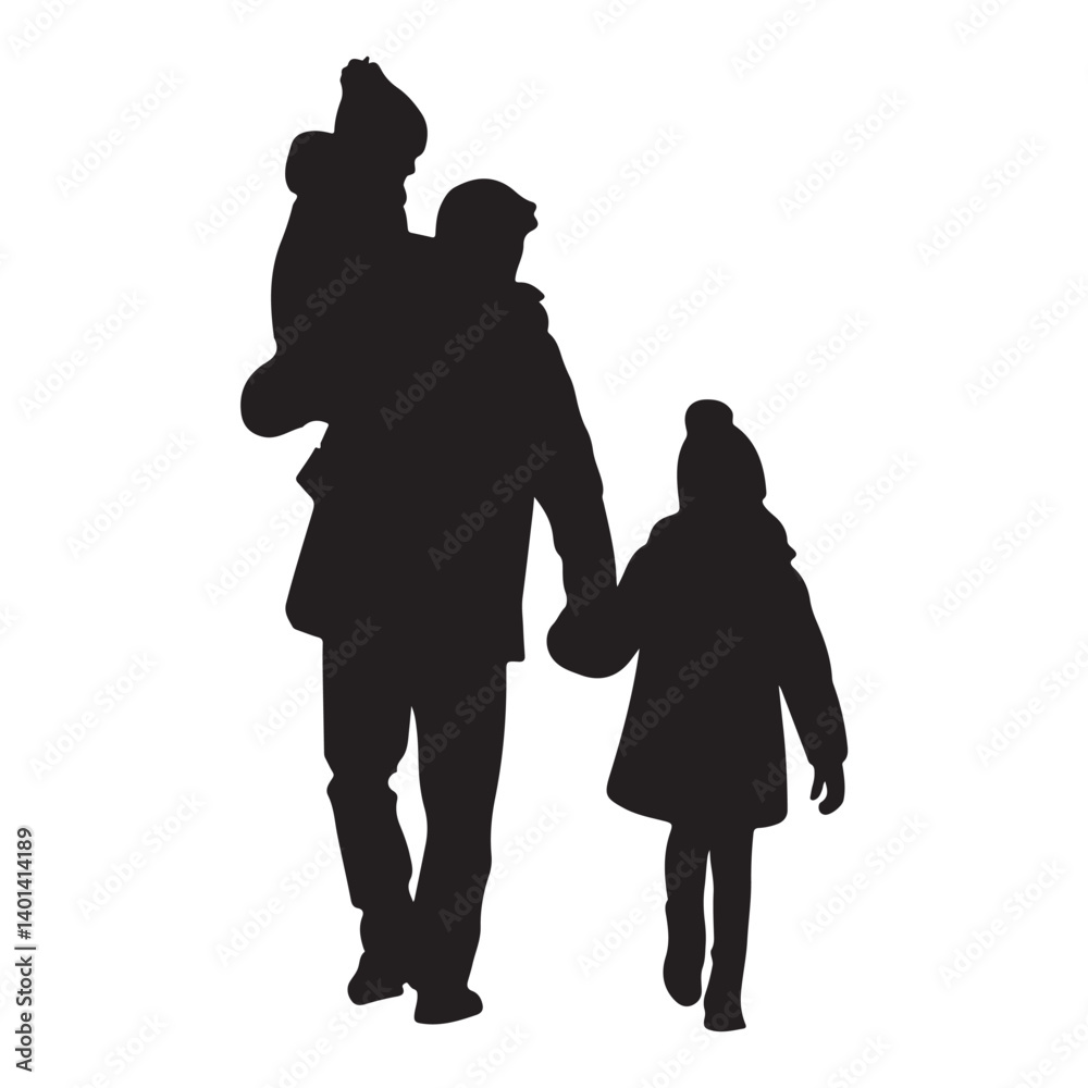 Black Silhouette of Father with Daughters in Winter Coats – Family Walk Illustration on White Background
Black Silhouette of Father with Daughters in Winter Coats – Family Walk Illustration on White Background