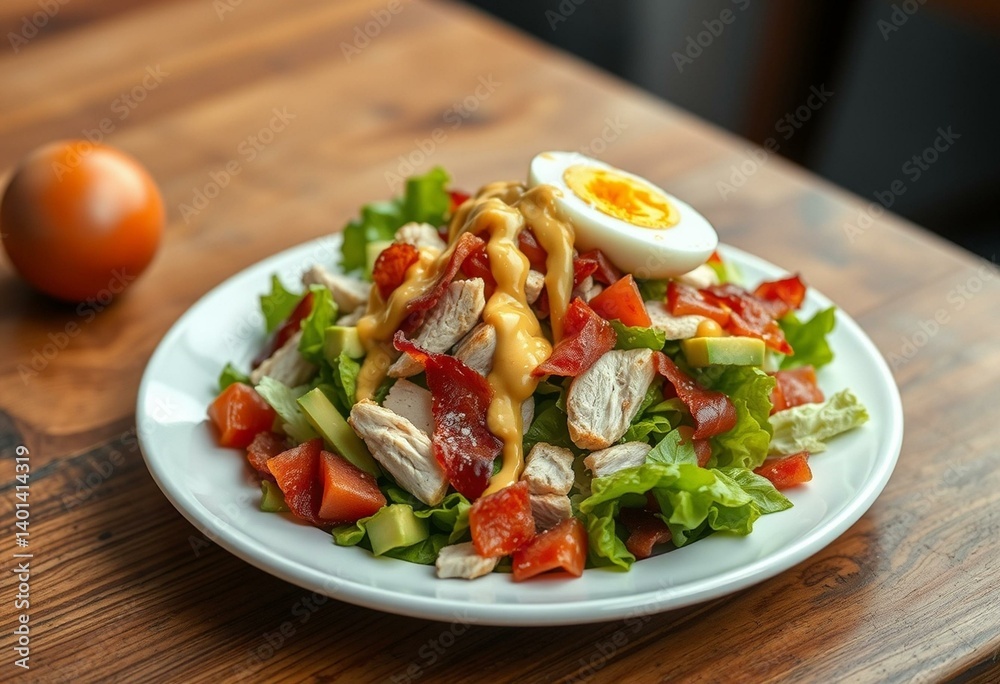 Photorealistic image of a delicious Cobb Salad on a white plate Photorealistic image of a delicious Cobb Salad on a white plate