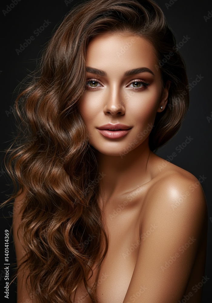 Stunning Portrait of a Woman with Long, Wavy Brown Hair and Glowing Skin Stunning Portrait of a Woman with Long, Wavy Brown Hair and Glowing Skin