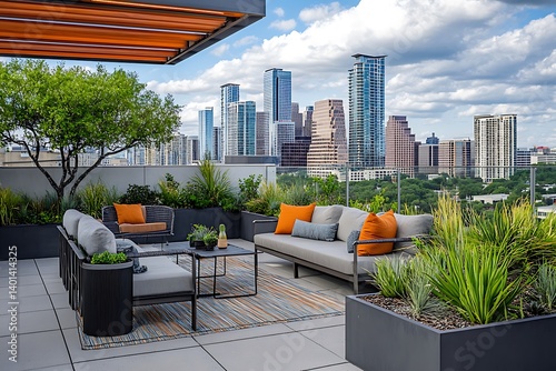 Modern Rooftop Terrace with Stylish Outdoor Seating, Umbrella, and Scenic Views. photo