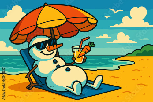 Snowman relaxing on the beach with a drink under an umbrella  