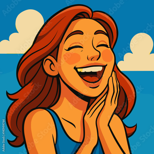 Happy woman joyfully touching her skin against a blue sky  