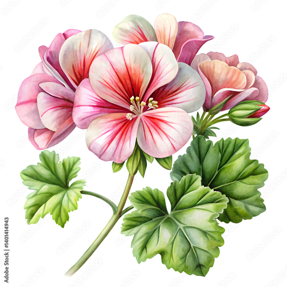Obraz premium Watercolor Geranium Painting on White Backdrop