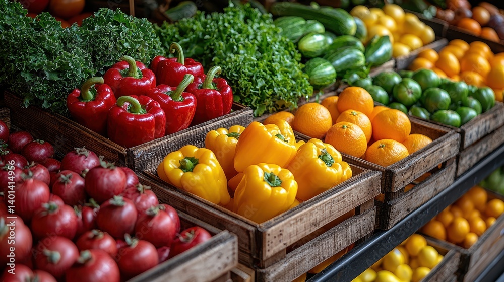 A vibrant display of fresh vegetables and fruits, featuring red and yellow bell peppers, tomatoes, cucumbers, and oranges in wooden crates. A vibrant display of fresh vegetables and fruits, featuring red and yellow bell peppers, tomatoes, cucumbers, and oranges in wooden crates.