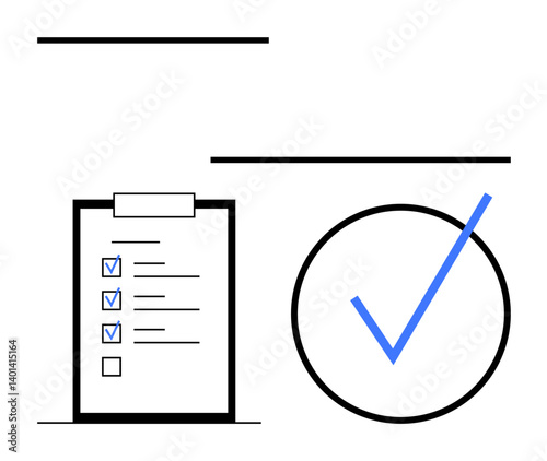 Minimal checklist with blue checkmarks alongside a bold blue tick icon. Ideal for task management, productivity, goal setting, planning, organization, efficiency, and completion. Flat simple metaphor
