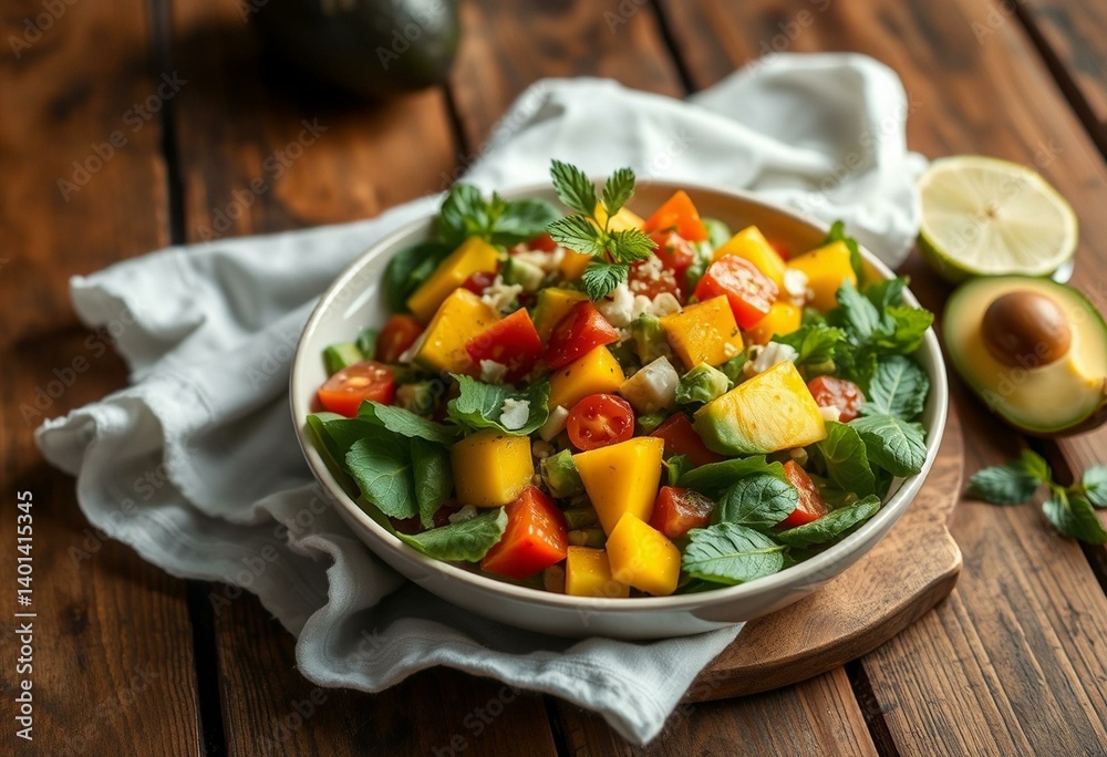 Fresh Mango-Avocado Salad on rustic wooden table Fresh Mango-Avocado Salad on rustic wooden table