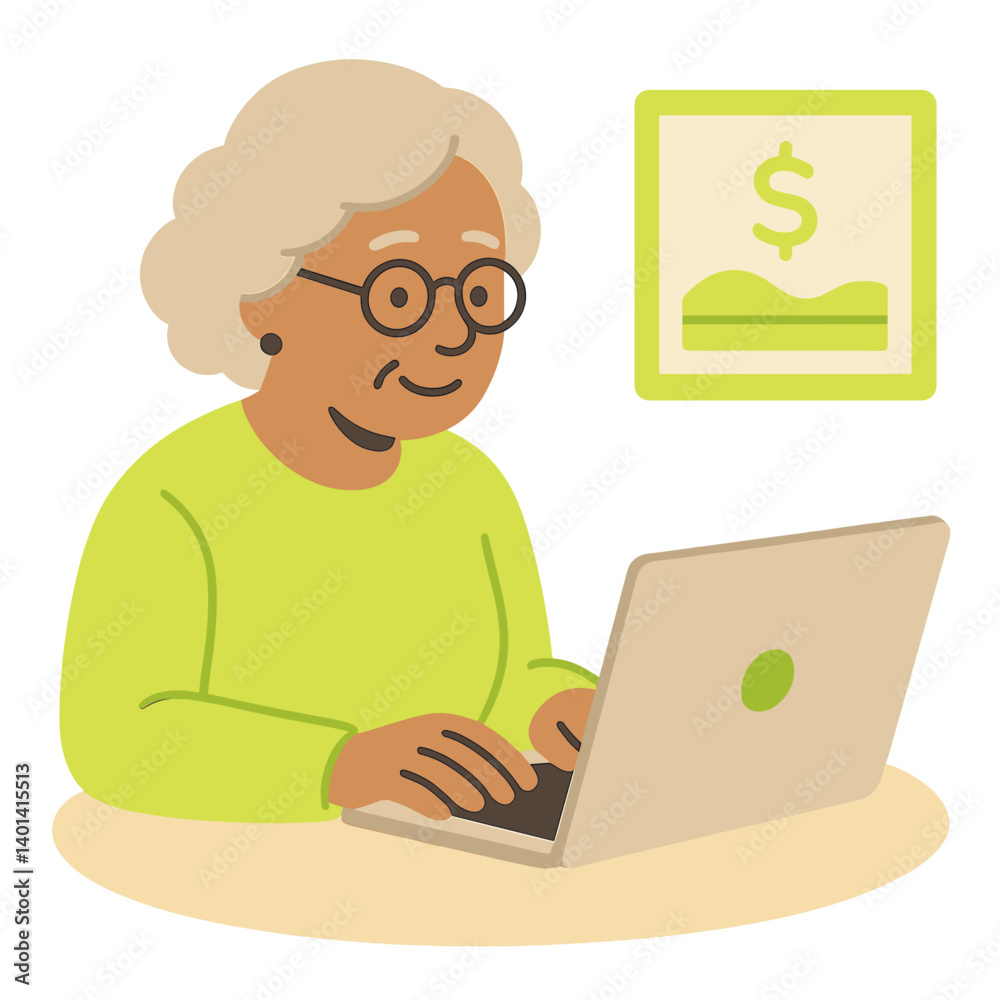 Elderly woman managing finances while working on a laptop at home Elderly woman managing finances while working on a laptop at home