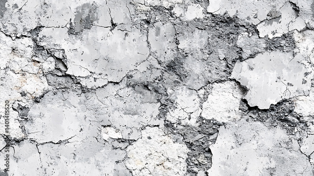 Obraz premium Cracked white wall with grey patches showing damage and age texture.