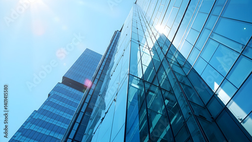 Modern Glass Skyscrapers Against Blue Sky