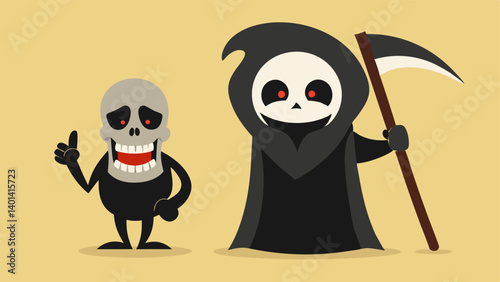 Laughing Grim Reaper An illustration of a cartoonish Grim Reaper character with a flowing robe and a scythe doubled over in laughter. Its skeletal face is expressive showcasing a