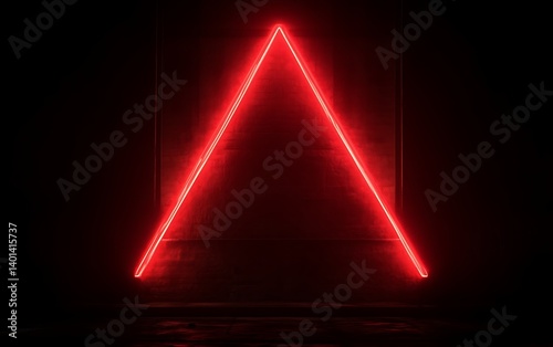 Red neon triangle on dark wall.