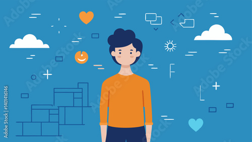 Positivity Wall An illustration of a person standing in front of a wall filled with positive affirmations and motivational quotes feeling inspired and ready for the day ahead.