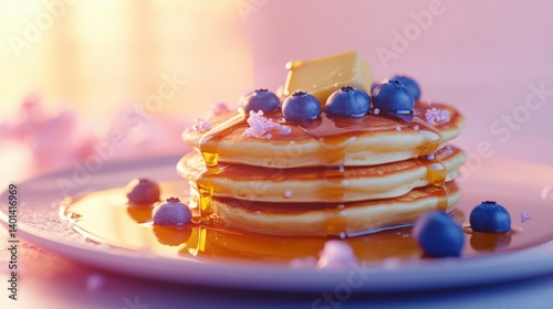 A stack of pancakes with blueberries and butter on a white plate