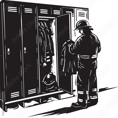 Firefighter inspecting gear in locker room Silhouette vector illustration
