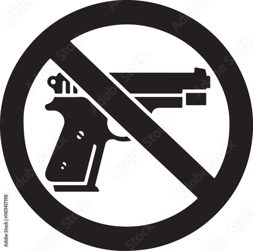 This image shows a black and white icon representing a no gun symbol, with a pistol crossed out suggesting an environment free of weapons Great for infographics and safety communications.