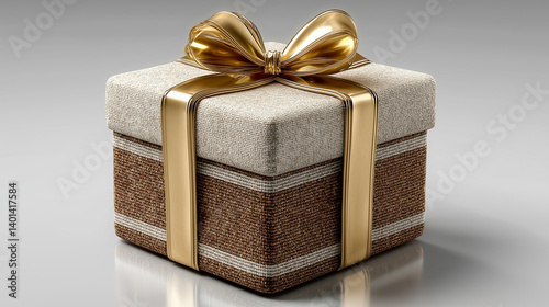 Elegant gift box with gold ribbon and brown striped wrapping on transparent background