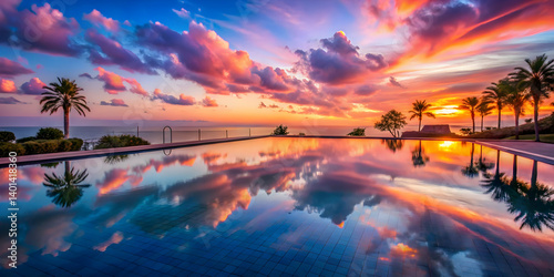 Pool with pink water reflecting a dreamy sunset