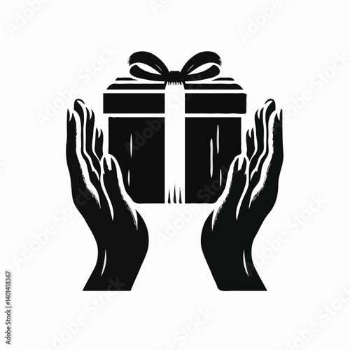 Hands holding gift box in black silhouette illustration