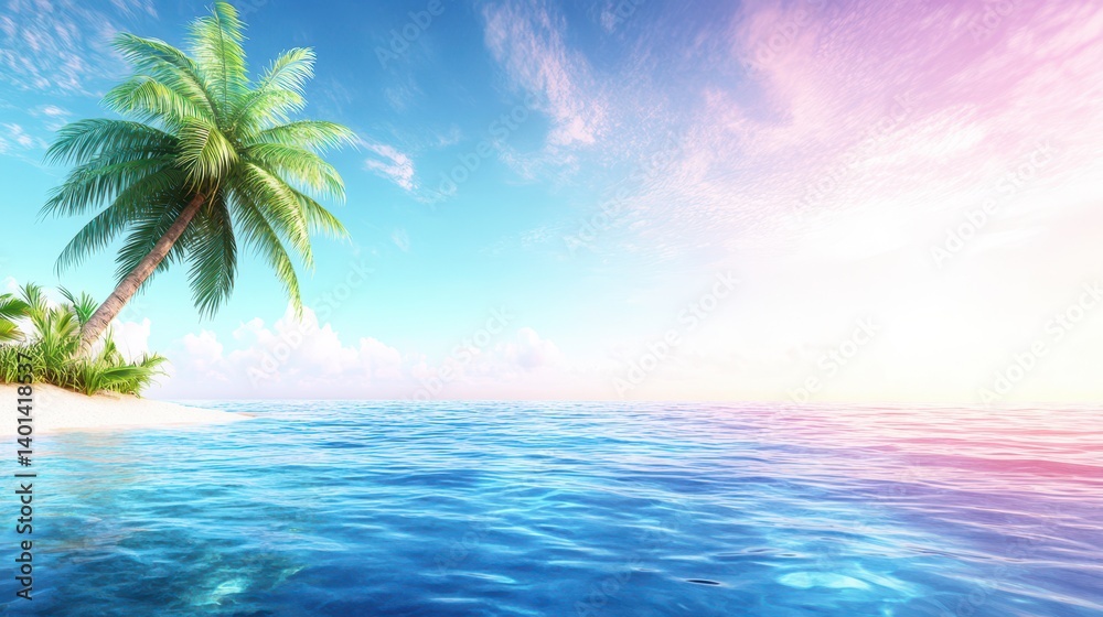 Tranquil Tropical Paradise: An idyllic tropical scene, with a lone palm tree gracefully arching over a serene, crystal-clear ocean under a vibrant, painted sky. Tranquil Tropical Paradise: An idyllic tropical scene, with a lone palm tree gracefully arching over a serene, crystal-clear ocean under a vibrant, painted sky.