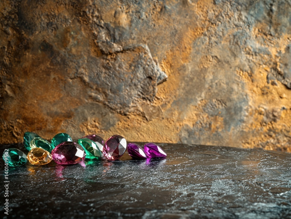Obraz premium A collection of vibrant gemstones, various colors and cuts, displayed on a dark surface against a textured background.