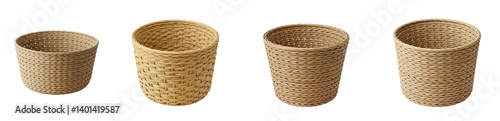 Set Or Collection Of Straw empty Bucket or Basket isolated on transparen tbackground, Empty Basket PNG  photo