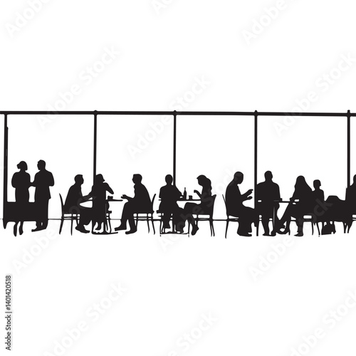 Black Silhouette of a Café or Restaurant Scene with People – Social Dining Illustration on White Background

