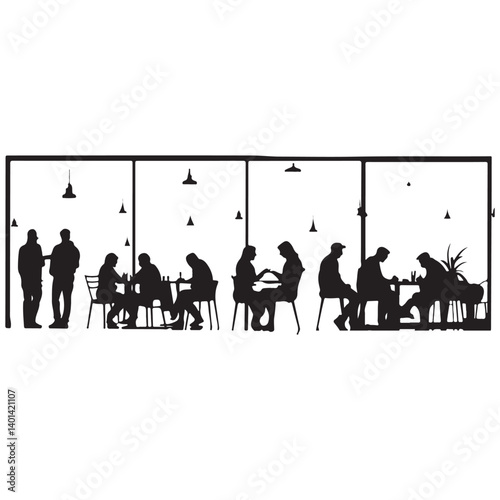 Black Silhouette of a Café or Restaurant Scene with People – Social Dining Illustration on White Background

