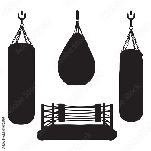 Black Silhouette of Boxing Ring and Bag Set on White Background – Combat Sports Illustration

