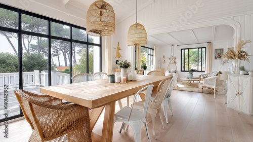Salle à manger lumineuse et élégante dans une maison côtière de style Arcachon