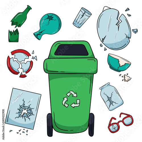 Green trash bin. Container for sorting glass waste. Vector illustration isolated on white background for sticker, print, icon