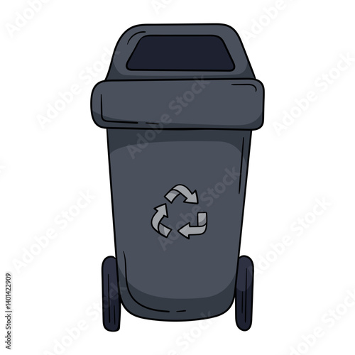 Black food waste bin. Garbage container. Vector hand drawn illustration for sticker, print, poster, banner