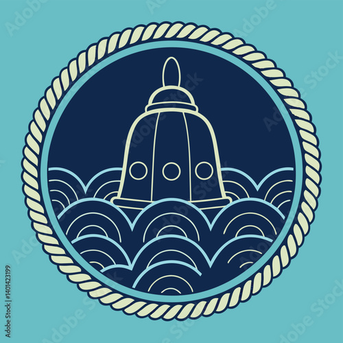 Nautical Bell Buoy Ocean Waves Rope Design Emblem Badge