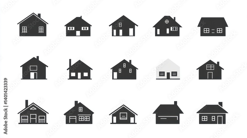 Various stylized house illustrations displayed in a grid formation clearly Various stylized house illustrations displayed in a grid formation clearly