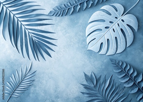 Stylized tropical leaves,monstera and palm fronds,in blue white gradient with layered paper-cut effect. Vibrant textured design perfect for modern graphic projects, invitations, posters or decorative.