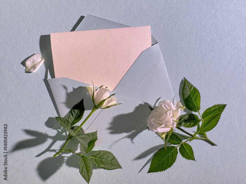 Minimalist composition with white roses, green leaves, and a blank card in a translucent envelope on a light pastel background