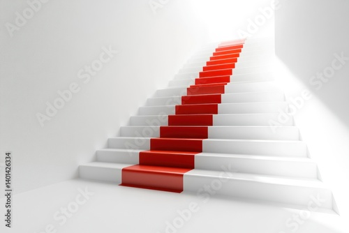 An abstract 3D render of white stairs leading upward, with a standout red step symbolizing progress and success, with blank space for product placement.