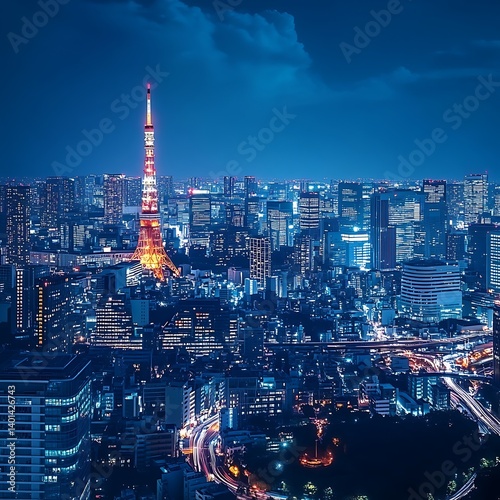Tower and skyline lit by sunset in tokyo high resolution picture