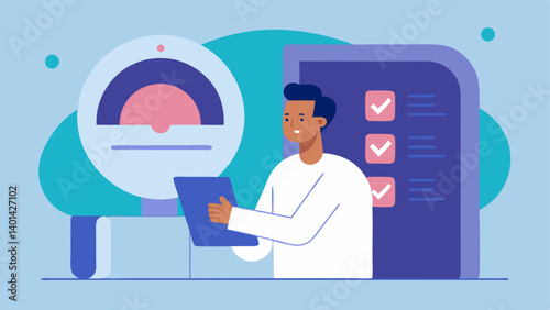 Prescan Checklist The technician reviewing a digital checklist on the MRI interface prior to initiating a scan with items such as Confirm Field Strength and Verify Patient Position