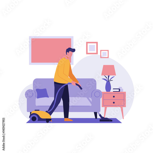 Man vacuuming the carpet in a cozy living room  